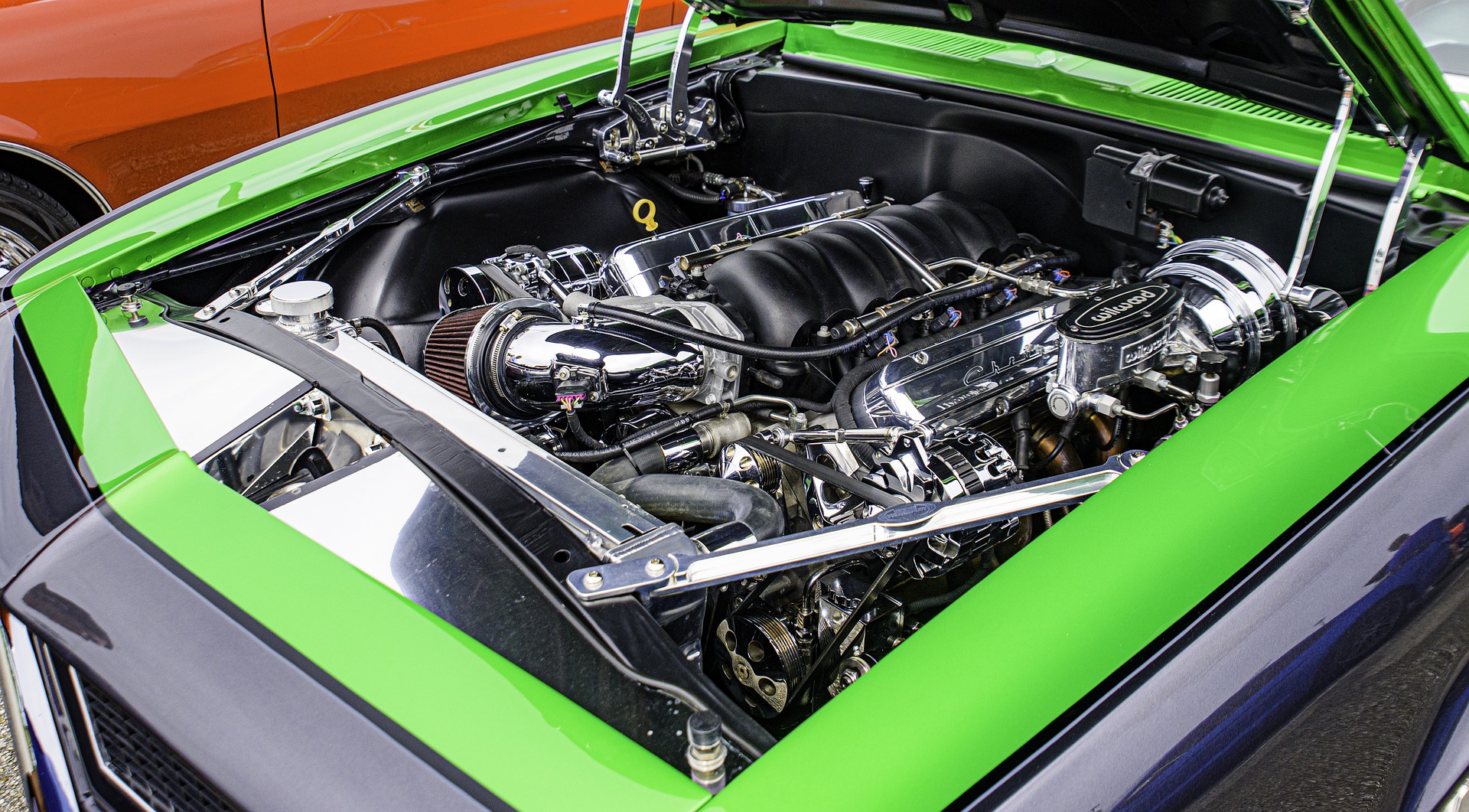 Under the hood of a Chevrolet sports vehicle